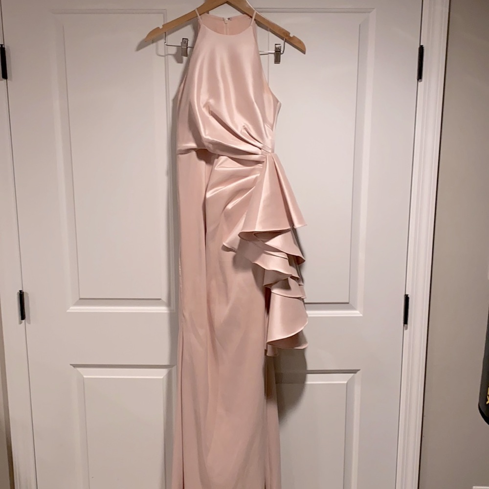Badgley Mischka Mikado Shirred-Bodice Side-Ruffle Halter Gown